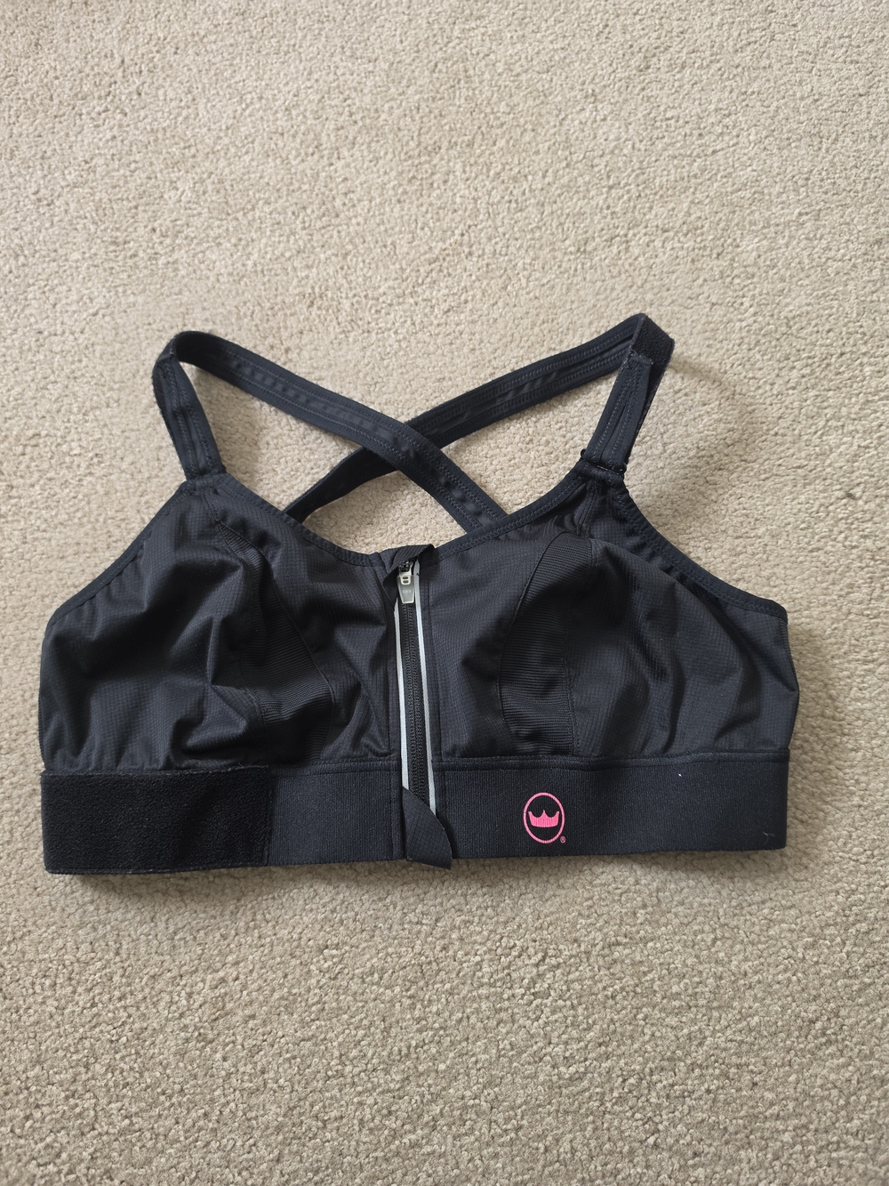 SHEFIT Black Zip-Front Crossback Sports Bra with Pink Logo